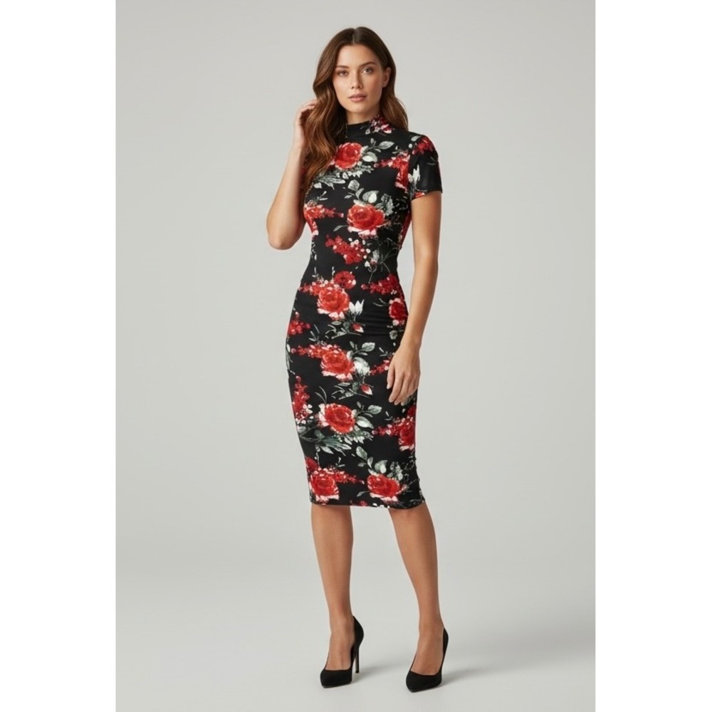 Black & Red Rose Floral Print Large Cap Sleeve‎ Bodycon Midi Dress